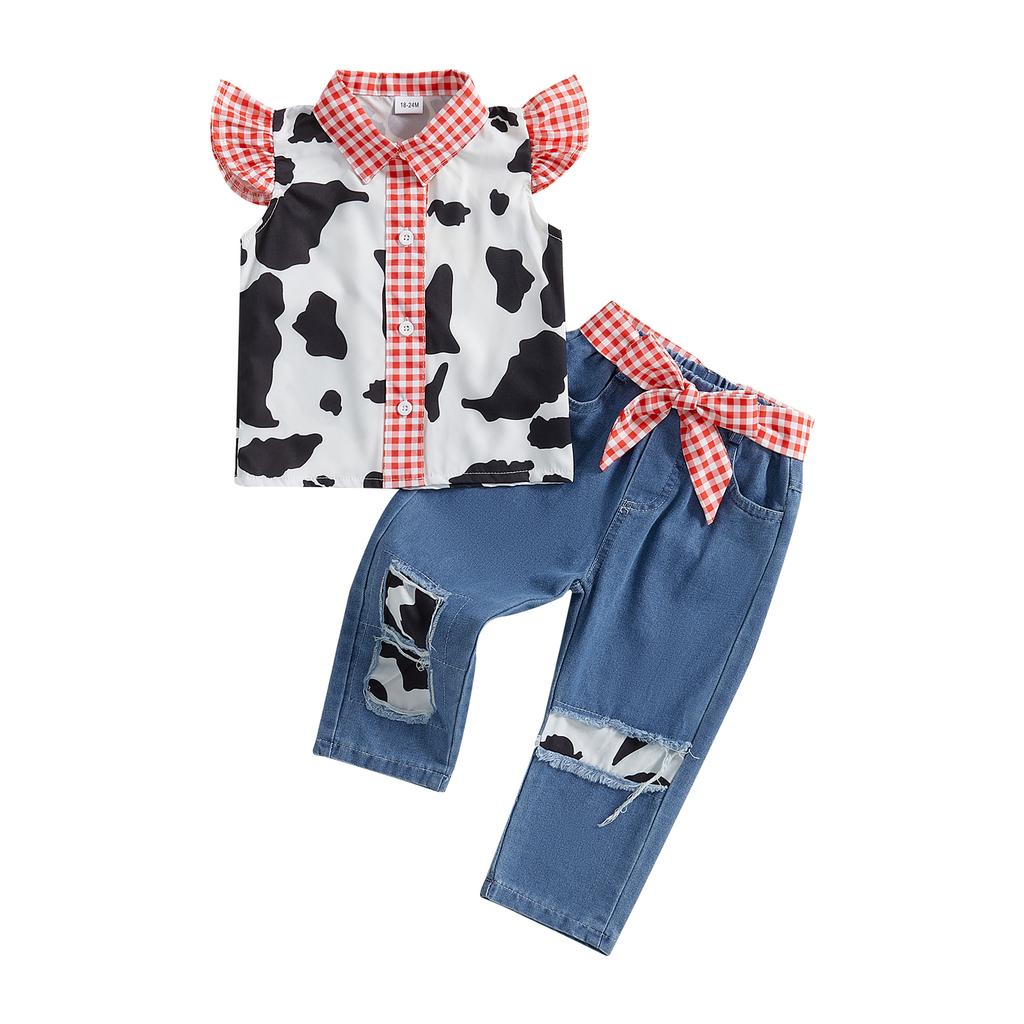 Baby Girl 2Pcs Western Outfits Fly Sleeve Cow Print Shirt + Denim Pants Set Toddler Clothes