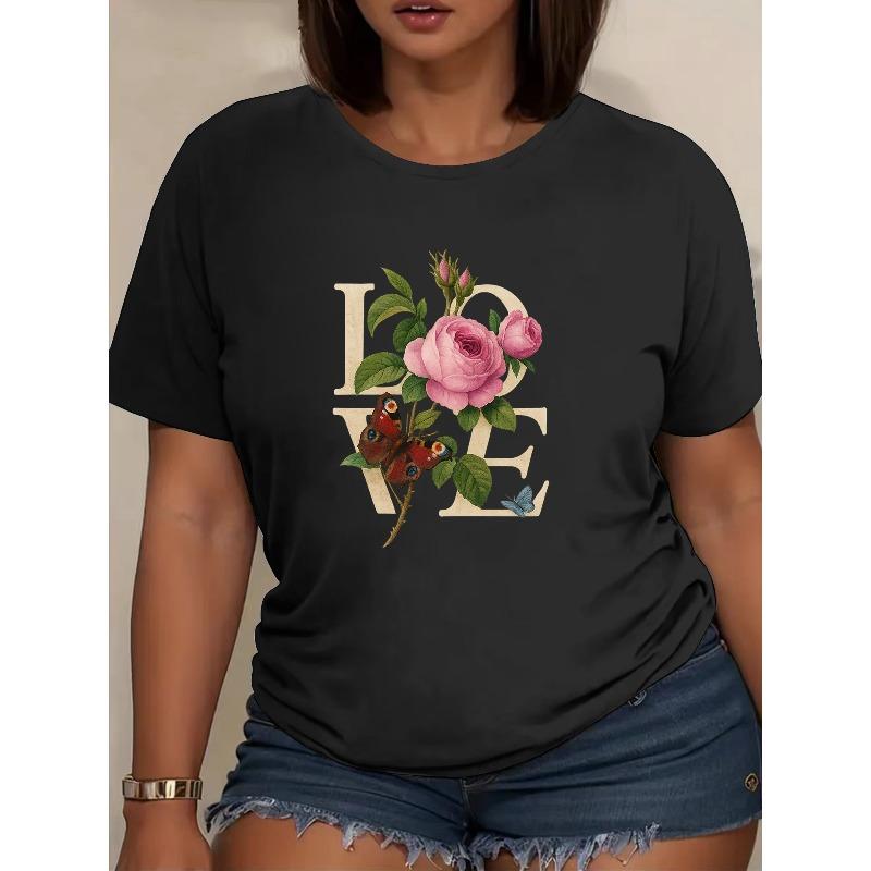 

European Size Women S Art Flowers and LOVE Printed Butterfly Short-sleeved Shirt | Soft and Breathable, Moderate Elasticity 4XL