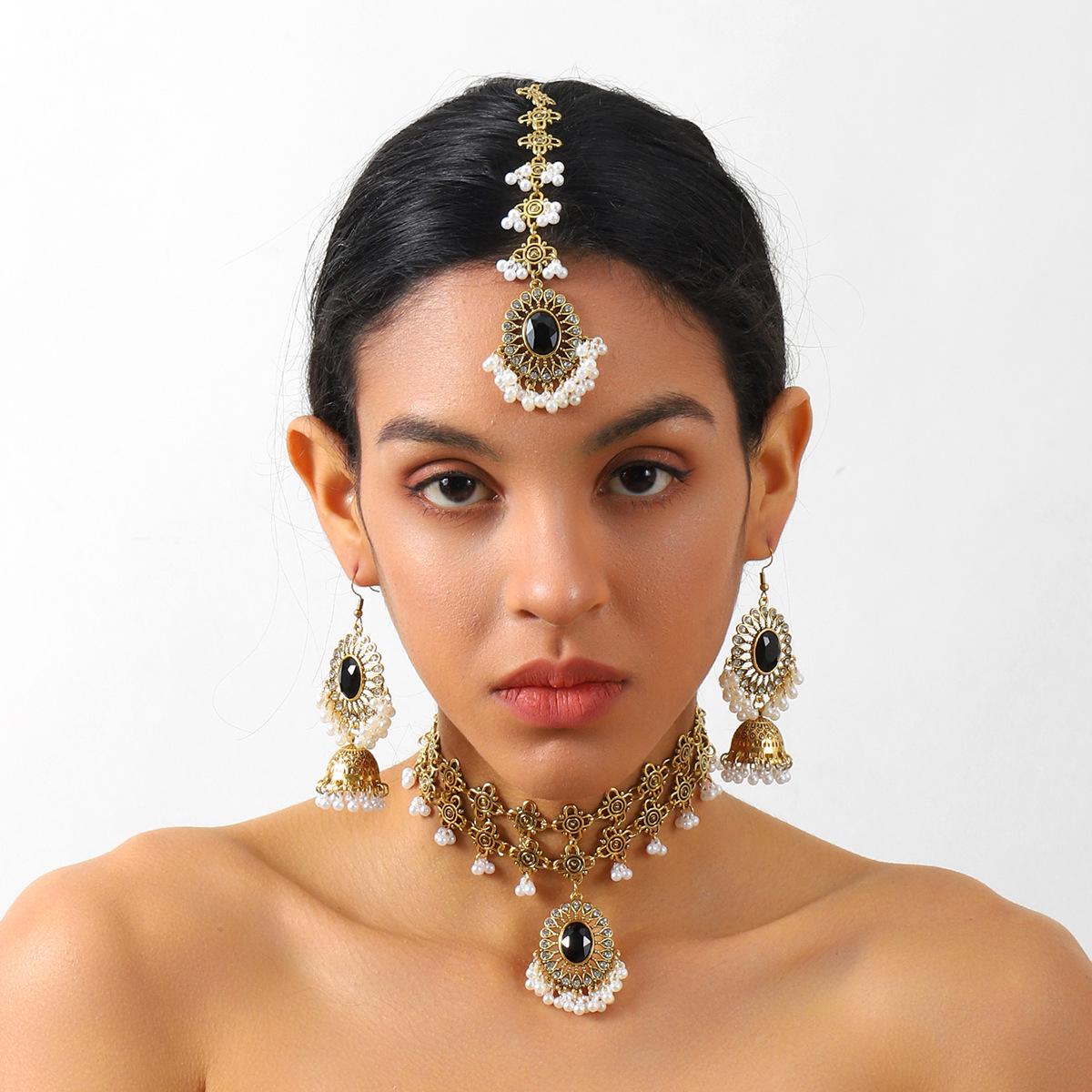 

Богемные Высококлассные Серьги, Ожерелье и Подвеска на Лоб в Стиле Двора, Комплект чёрный