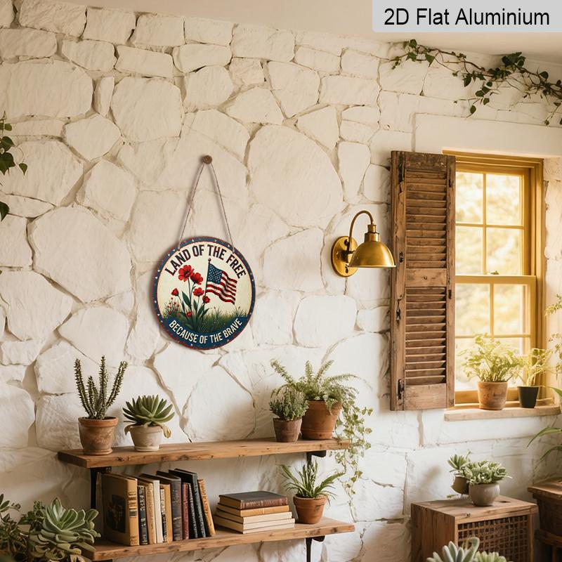 2D Flat, 1Pc Round Patriotic Aluminum Wall Art Sign - American Flag & Floral Design, "Land of the Free" Text, Easy To Hang with Pre-Drilled Holes