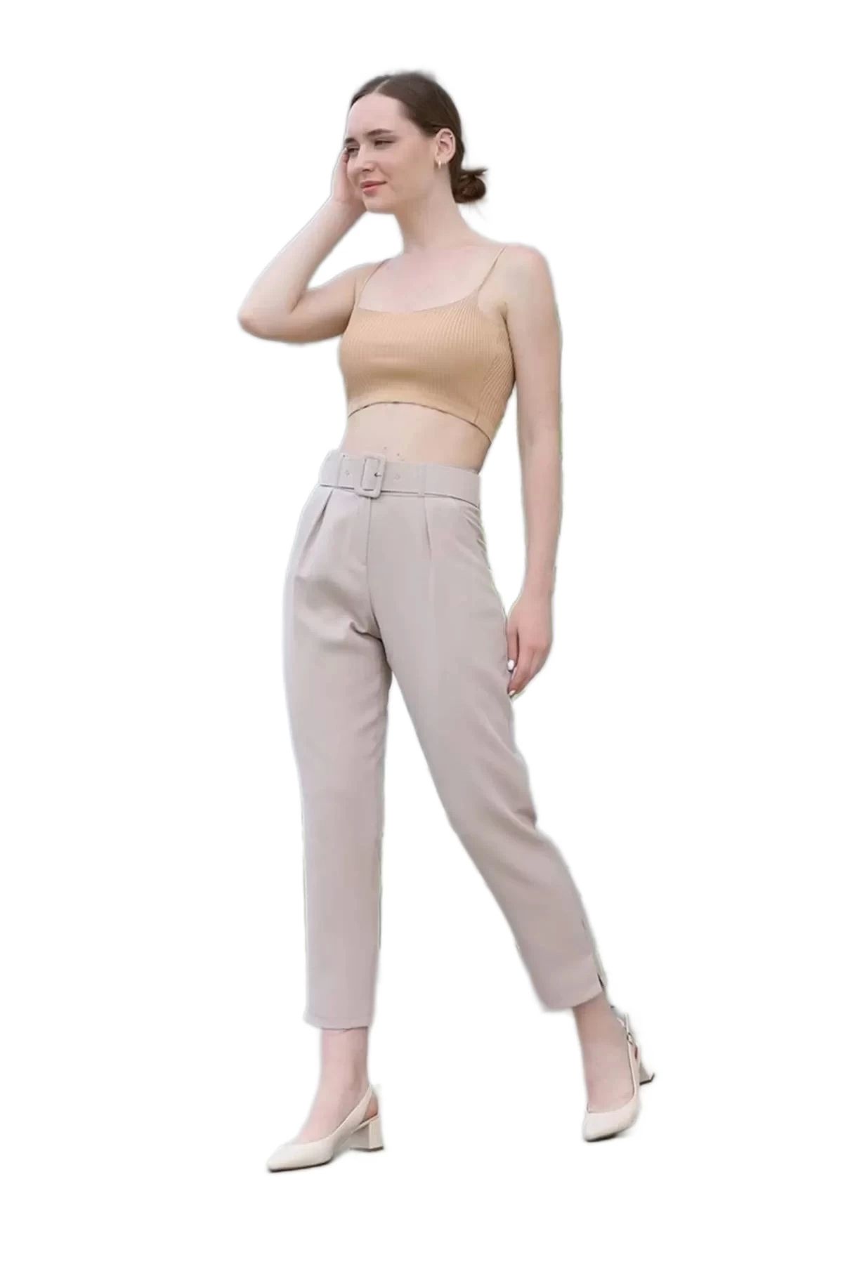 

Women s Style Plus Size Pants Belt And Pleat Detailed Fabric Trousers 1754 Mink L