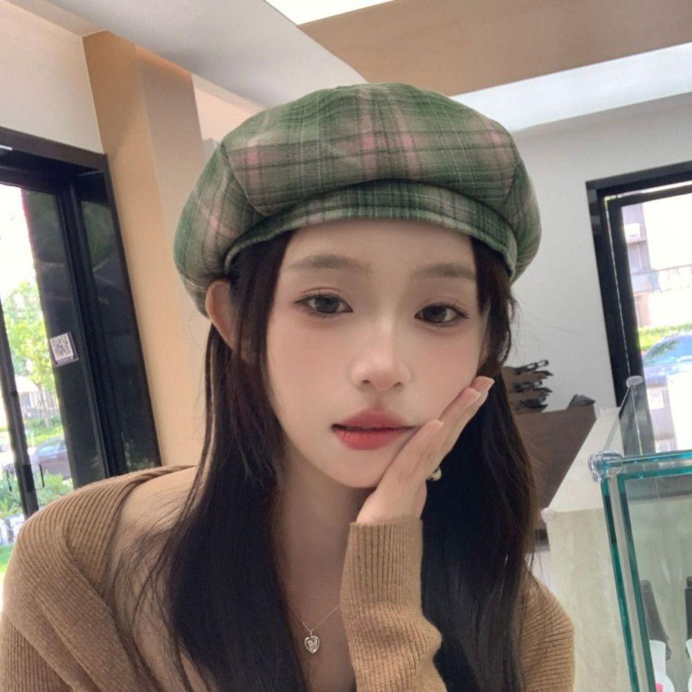 Street Style Plaid Beret Hat Y2K Octagonal Hat Simple Painter Hat  Winter