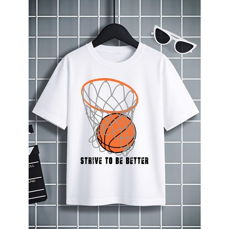 European Sizes Boys' T-Shirt Basketball Net with Ball And Motto, Ideal for Outdoor Activities, Soft Knitted Top, Comfortable And Breathable