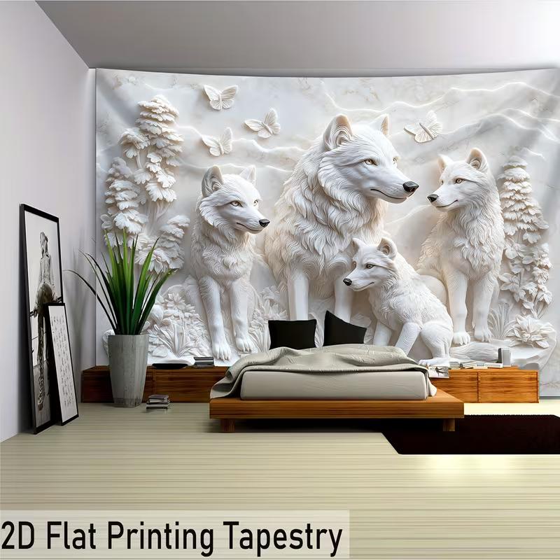 2D Marble Carved Wolf Family Background Cloth for Nature & Animal Lovers Room Decor