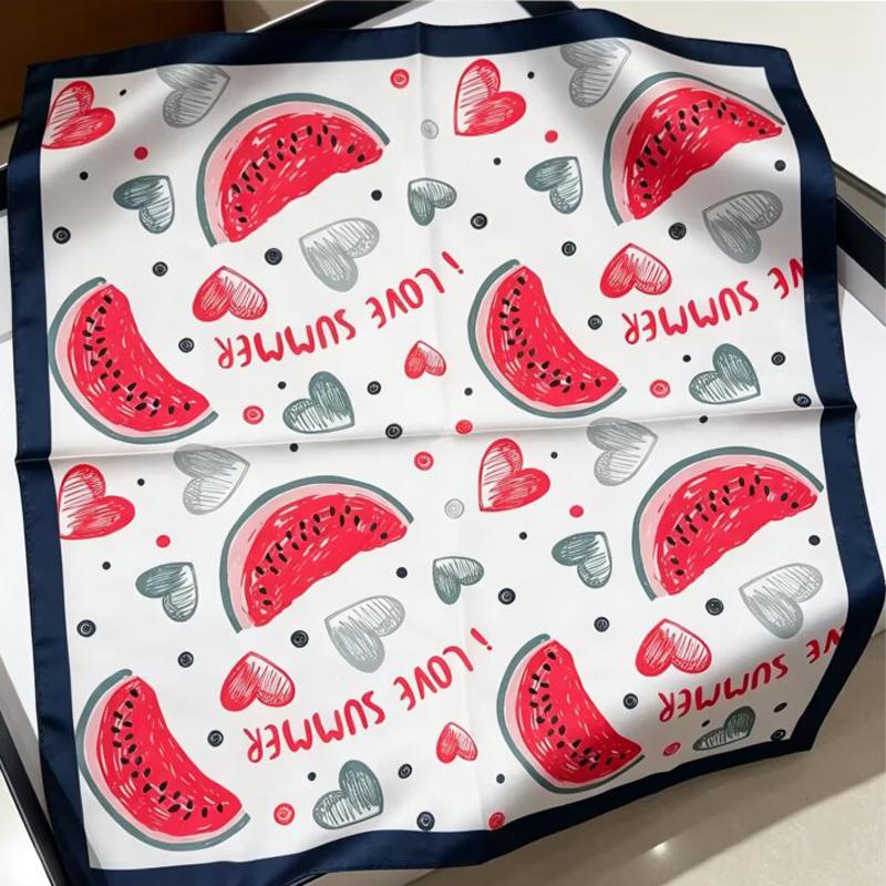 Cute Watermelon Fruit Print Square Scarf Satin Silk Lightweight Bandana for Women Beach Vacation Outfit Neck Hair Accessory