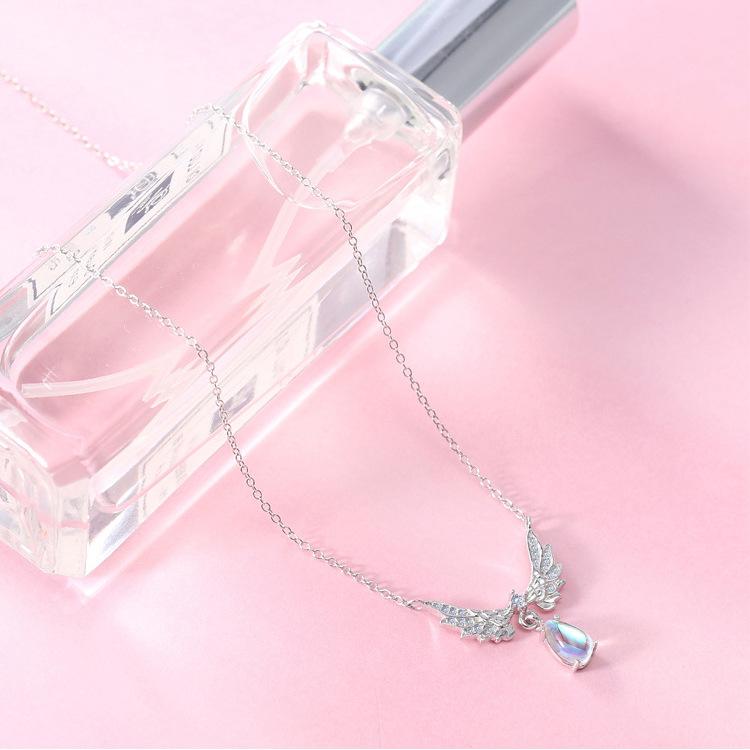 925 Sterling Silver Inlaid Zircon Angel Wings Necklaces for Women Clavicle Chain Moonstone Pendant Choker Luxury Jewelry