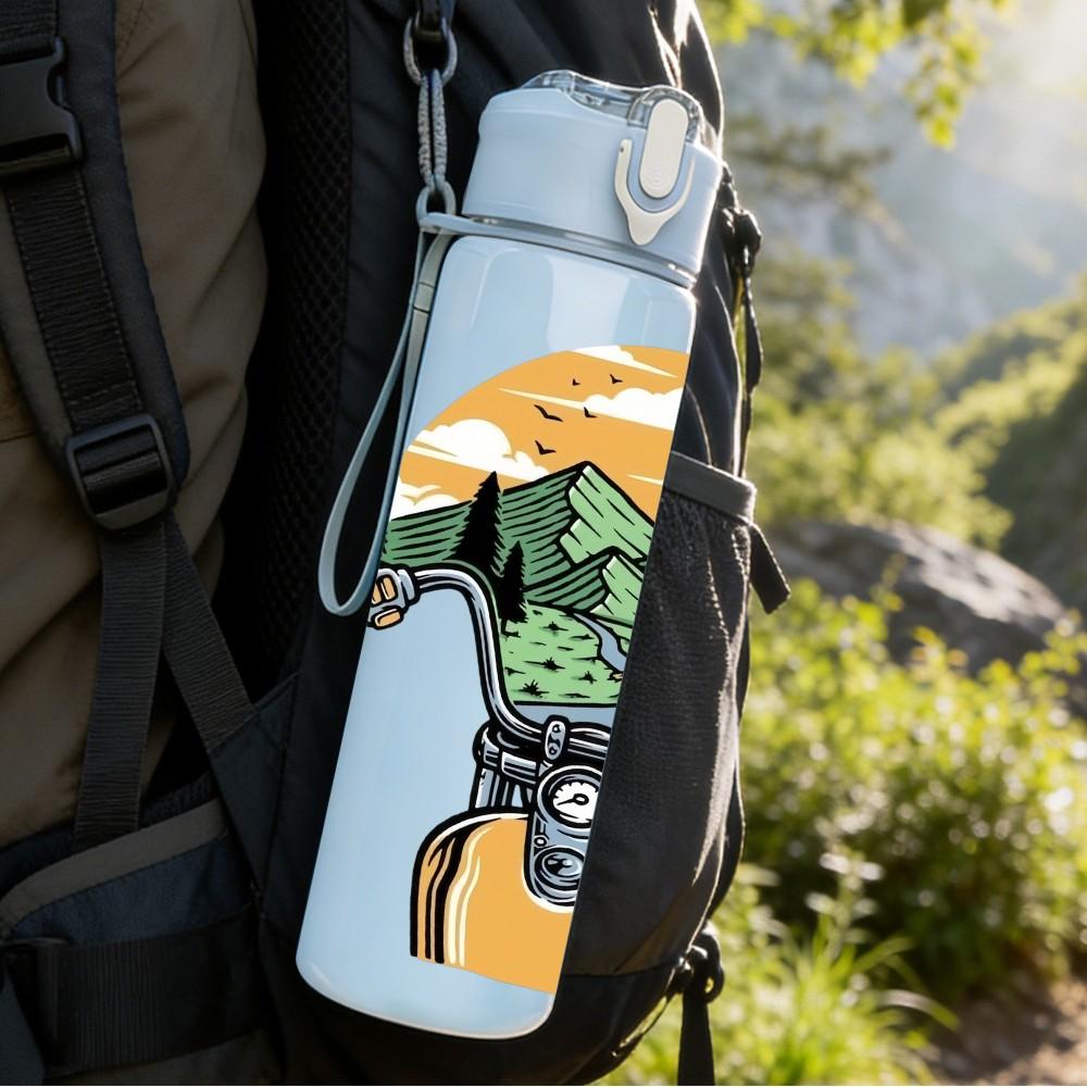 1PC Mountain Biker Rider Retro Character Print 750ml Color Plastic Sports Water Bottle Leakproof Flip Straw Lid Suitable for Sports Office Home Use