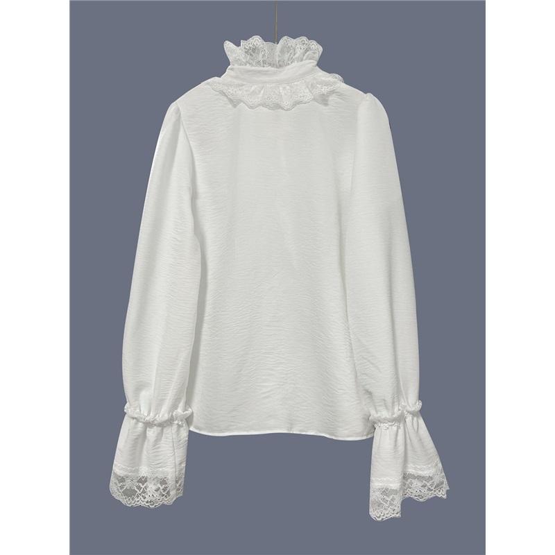 Camicia da Donna con Bordi in Pizzo, Bottoni, Maniche Lunghe, Scollo a V, Polsini Arricciati, Elegante Blusa Casual Top Primavera Estate