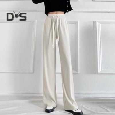 Summer Casual Pants Elastic High Waist Adjustable Drawstring Long Trousers Solid Color Pleated Straight Wide Leg Pants