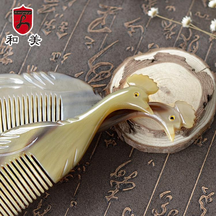 Carved Horn Comb, Horn Head Massage Comb, Exquisite Double-sided Peacock Yak Hair Care