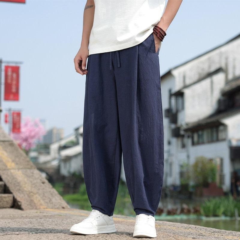 New National Style Large Size Simple and Versatile Bloomers Cotton and Linen Wide-leg Pants Men's Summer Thin