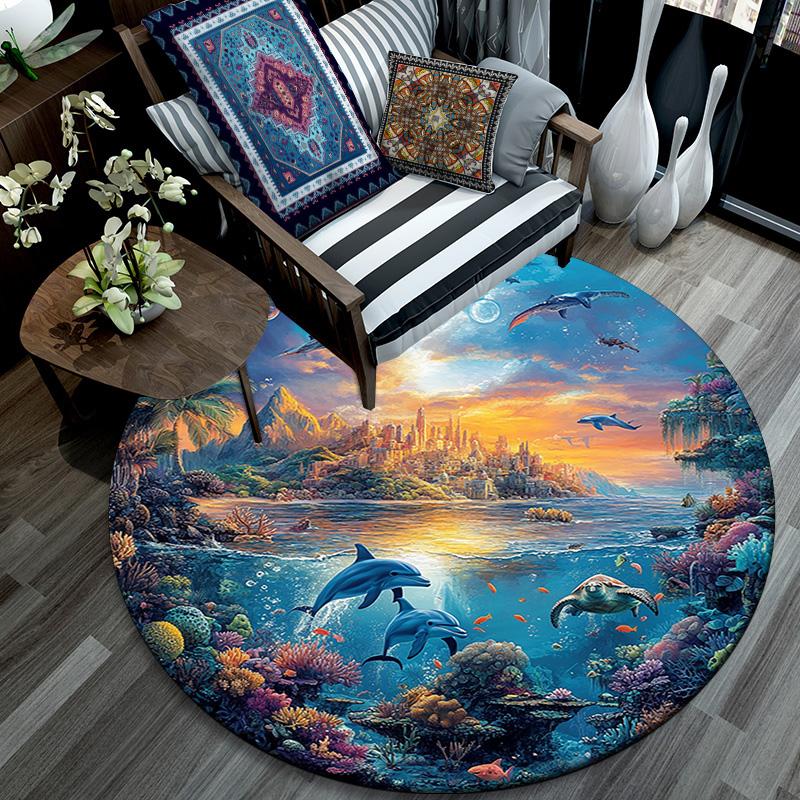 Dolphins Coral Round Area Rug,Carpet Rug for Living Room Bedroom Sofa Playroom Decor,Non-slip Floor Mat