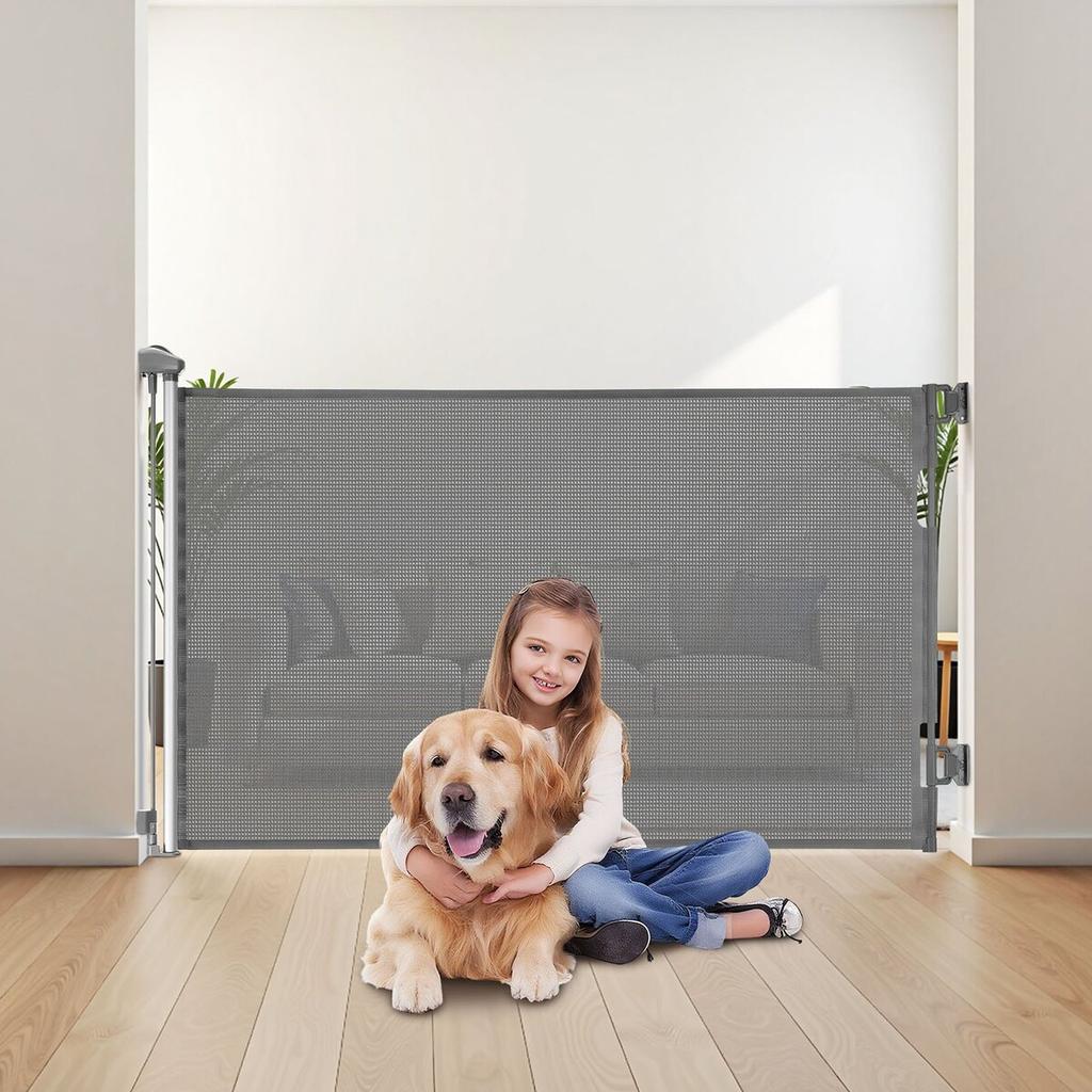 Retractable Baby Gate, Extends to 1450 mm Wide, 980 mm Tall, with Security Lock, Easy to Use, Walk Through Without Tripping, Mesh Dog Gate for Stairs,