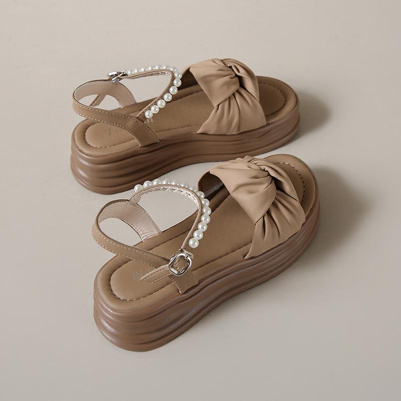 

Bow pearl belt muffin bottom platform sandals women s 2025 new fashion simple beach soft sole women s shoes 40 хакі