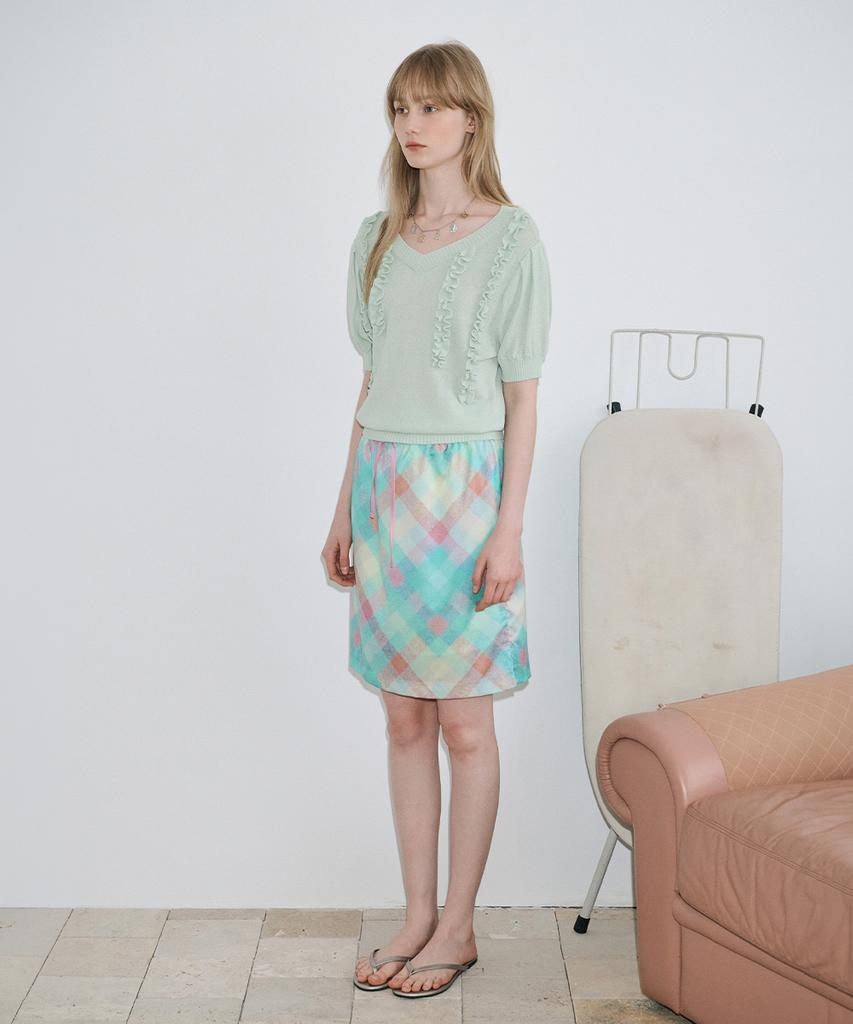 SINOON Check Printed Midi Skirt (Mint)