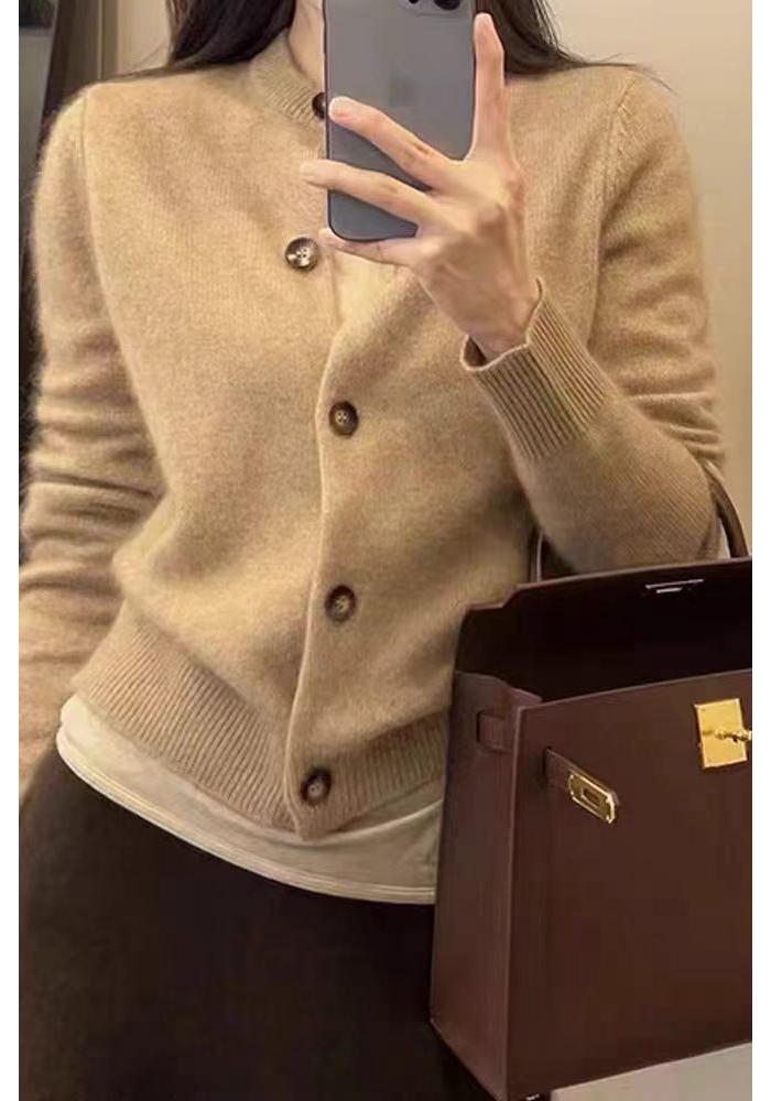Women's Pure Wool Long Sleeve Round Neck Sweater: Comfy Cashmere Knit Cardigan for Autumn-Winter