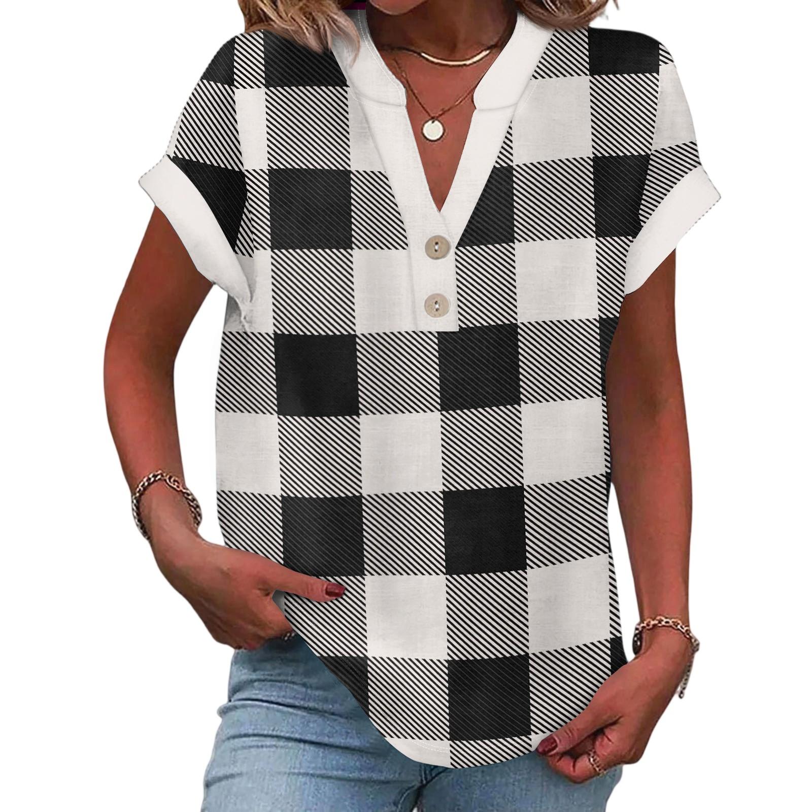 Women s Casual Fashion V-Neck Button Plaid Printed Short Sleeve Top XL