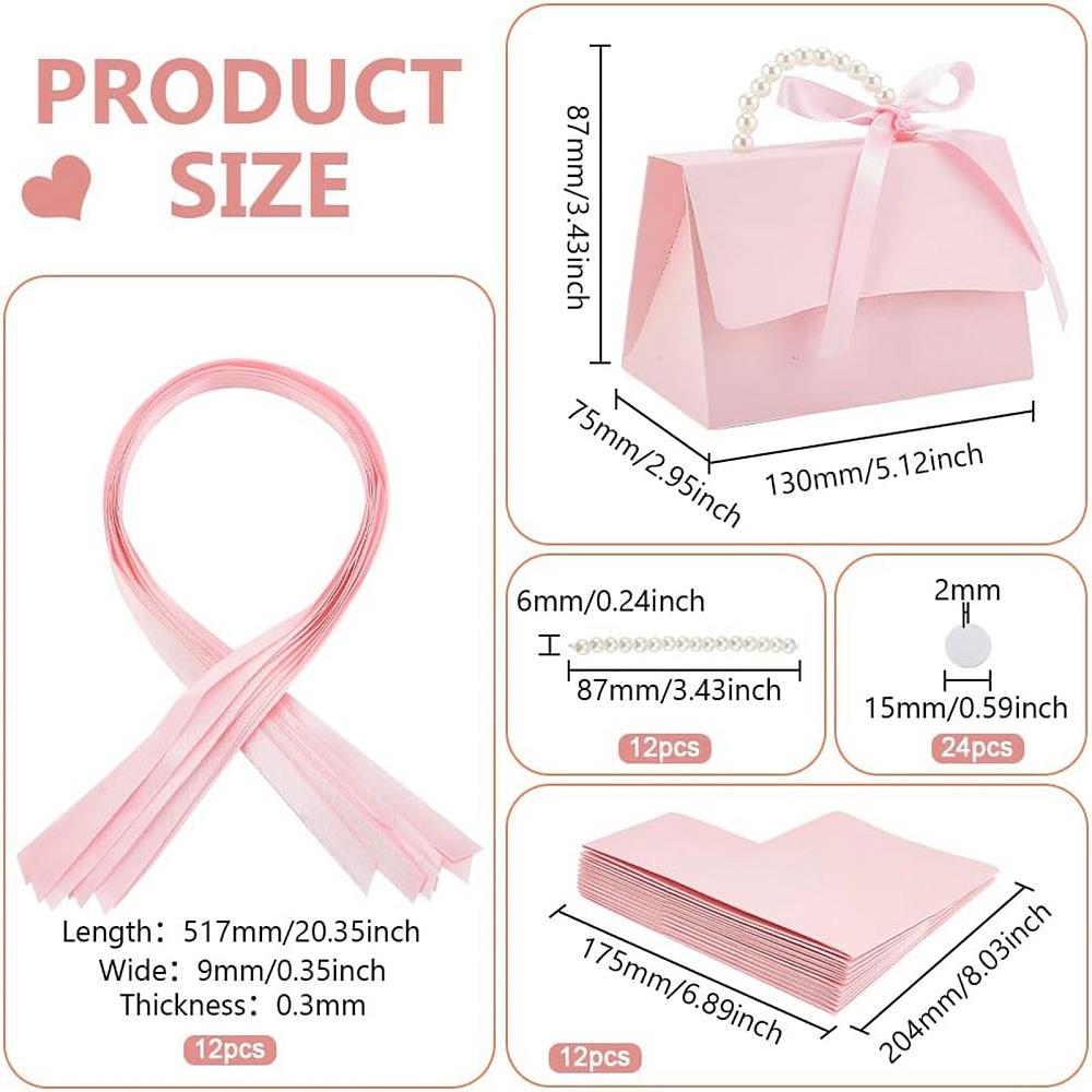 12sets Wedding Favors Candy Box DIY Set including 1 Sheet Craft Papar 1Pc Ribbon 1Pc Beaded Handle 2 Pairs Round Hook & Loop