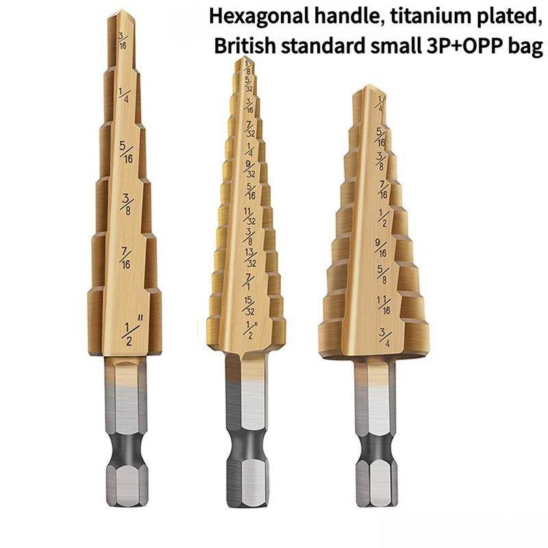 3PC Step Drill Bit Set - Metric & Imperial Sizes, Hex Shank Cone Cutter for Thin Metal & Plastic, 3 Sizes Titanium Coated