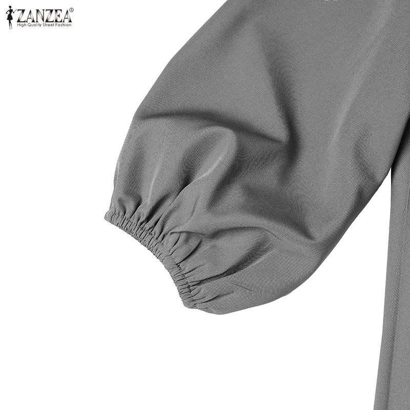 ZANZEA Womens Elegant High Neck Long Sleeve Loose Fit A Line Swing Pleated Maxi Dress