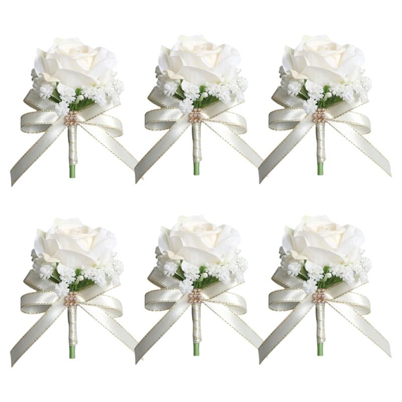 

6Pcs Realistic Silk Flower Lapel Pin High Simulation Silk Rose Corsage for Stage Performances and Wedding Parties слонова кістка/білий