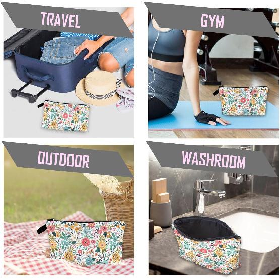 White Flower Floral Makeup Cosmetic Bag Blue Aesthetic Pouch Organizer Small Compact Cute Travel Mini Portable Beauty Toiletry Make Up Brush Storage