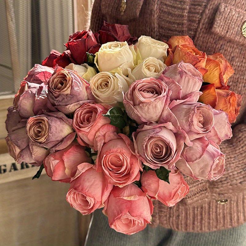 6pcs Dry Burned Roses, Artificial Rose Bouquet,Faux Floral Arrangement for Wedding Party Living Room Vase Table Centerpiece Arrangement Garden Decor