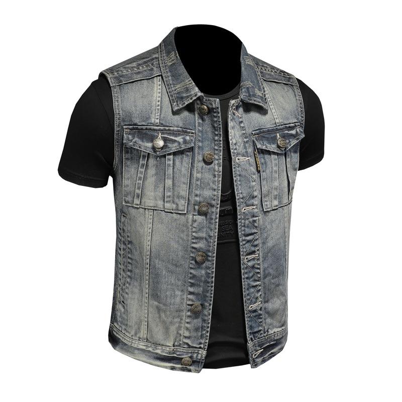 Cross-border European and American Retro Distressed Denim Vest Men's Plus Size Simple Sleeveless Slim Denim Vest MJ5171
