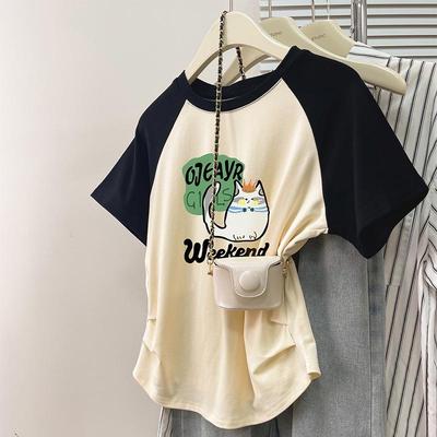 Women's American Retro Contrast Color Shoulder T-Shirt: Summer 2024 Straight Short-Sleeve Loose Top