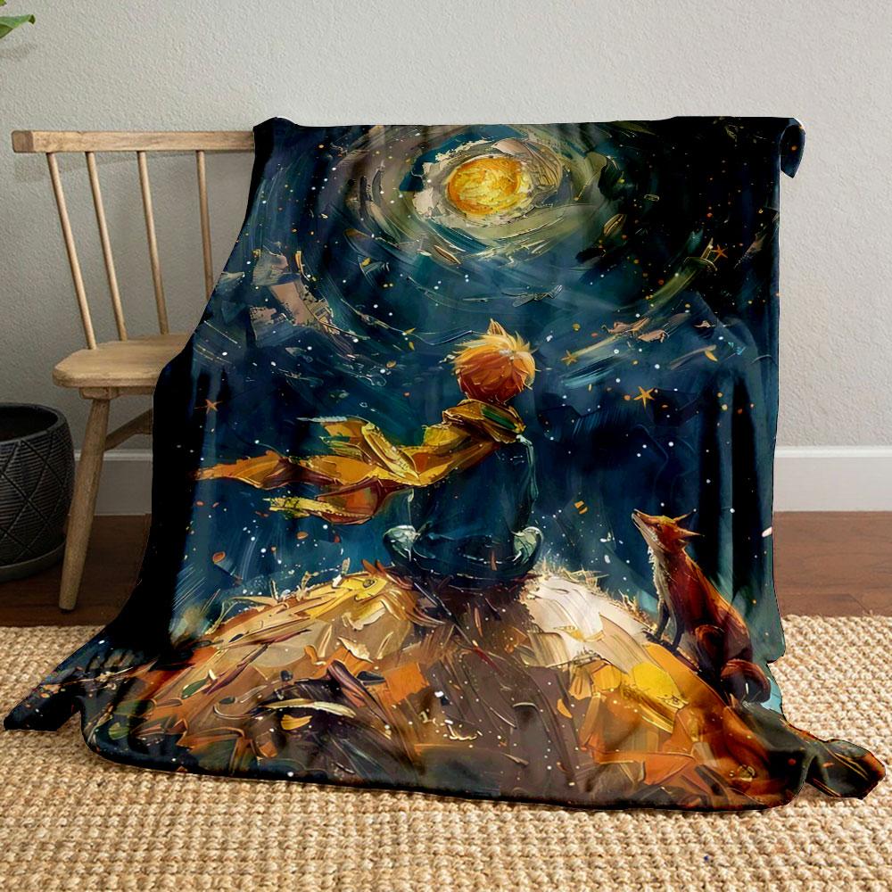 Swirling galaxy with golden moon, boy in scarf, and fox on a hill. for all seasons blanket lunch break throw gift