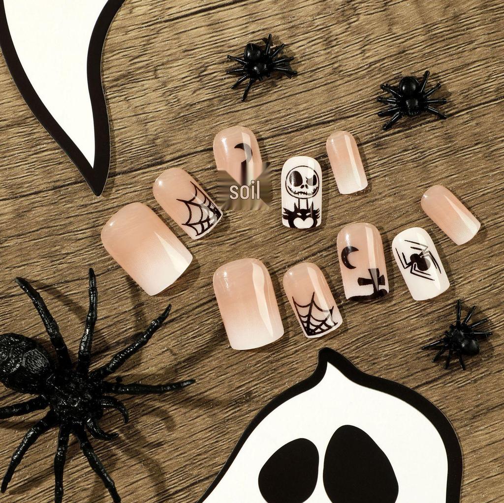 Spooky Halloween Nail Art Set: Spiderweb, Skull, Ghost, Moon & Cross Design Fake Nails