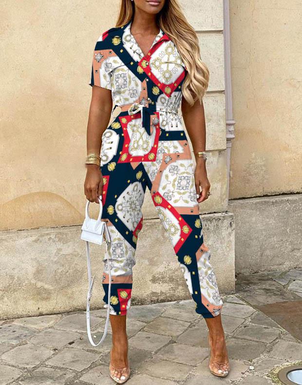 Summer Women's Casual Button-Up Print Waistband Jumpsuit