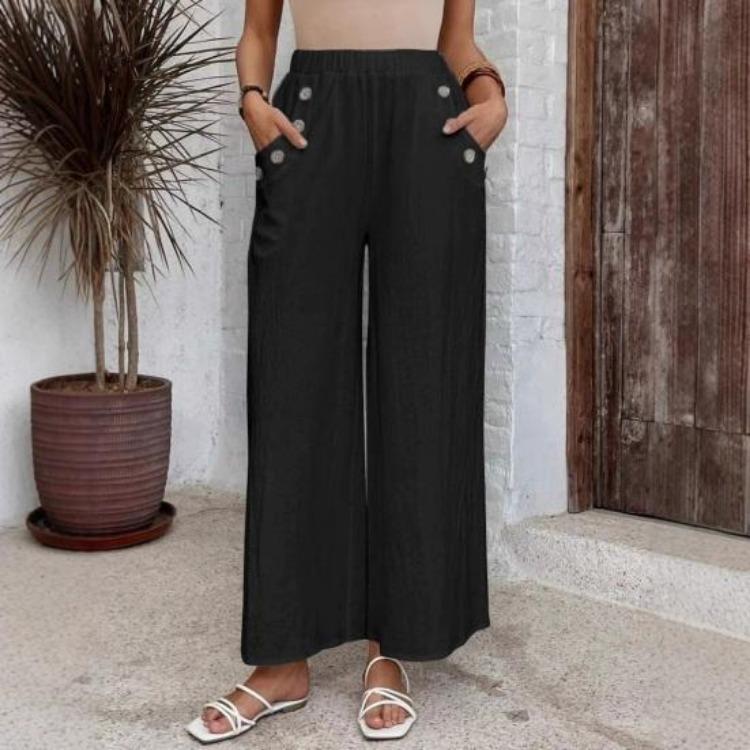 Wide Leg Pants Women Casual Solid Color Long Trousers with Pockets Loose Fit High Waist Daily Wear Elastic Waist