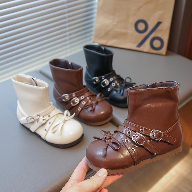 Children's Fashion Soft Bottom Ankle Boots Girls Bow Leather Boots