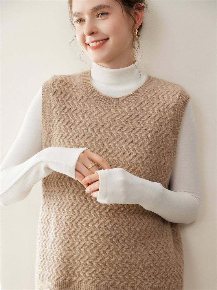 2025 Fall/Winter Women's Round Neck Cashmere Knit Crochet Vest - Loose Pullover Layering Shrug
