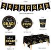 Graduation Decorations  Disposable Black Graduation Tableware Kit For 25 Guests Plates Napkins Cups Tablecloth Hanging Graduation Party Decorations