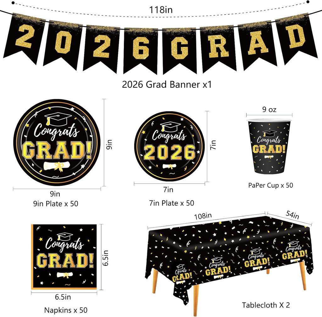 Graduation Decorations Disposable Black Graduation Tableware Kit For 25 Guests Plates Napkins Cups Tablecloth Hanging Graduation Party Decorations