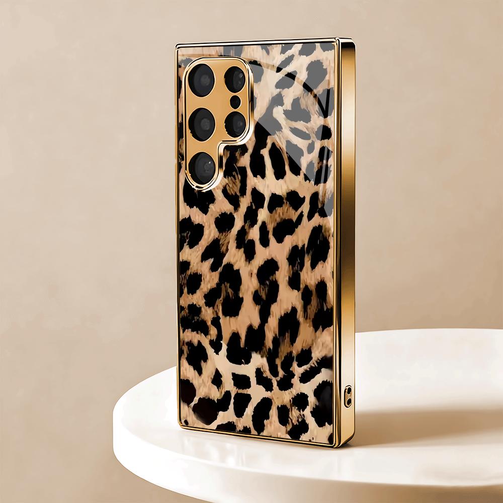 Leopard Print Splicing Electroplated Glass Phone Case Suitable for Samsung Galaxy S26 S25 S24 S22 S21 S20FE/Ultra/Plus Anti Drop