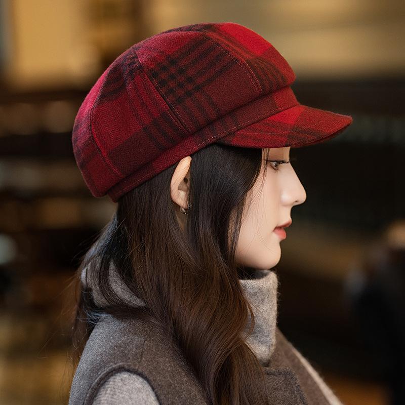 Retro Plaid Octagonal Hat Autumn Hat Women's Big Head Circumference Showing Face Small Beret Versatile Painter Hat