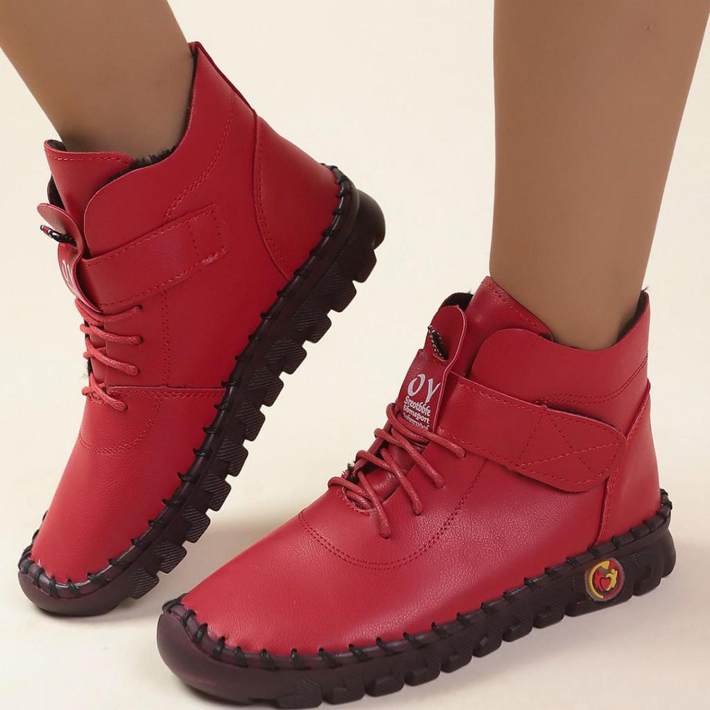 Botines de Invierno Forrados de Felpa para Mujer - Con Cordones, Punta Redonda, Cierre de Velcro, Tallas Grandes