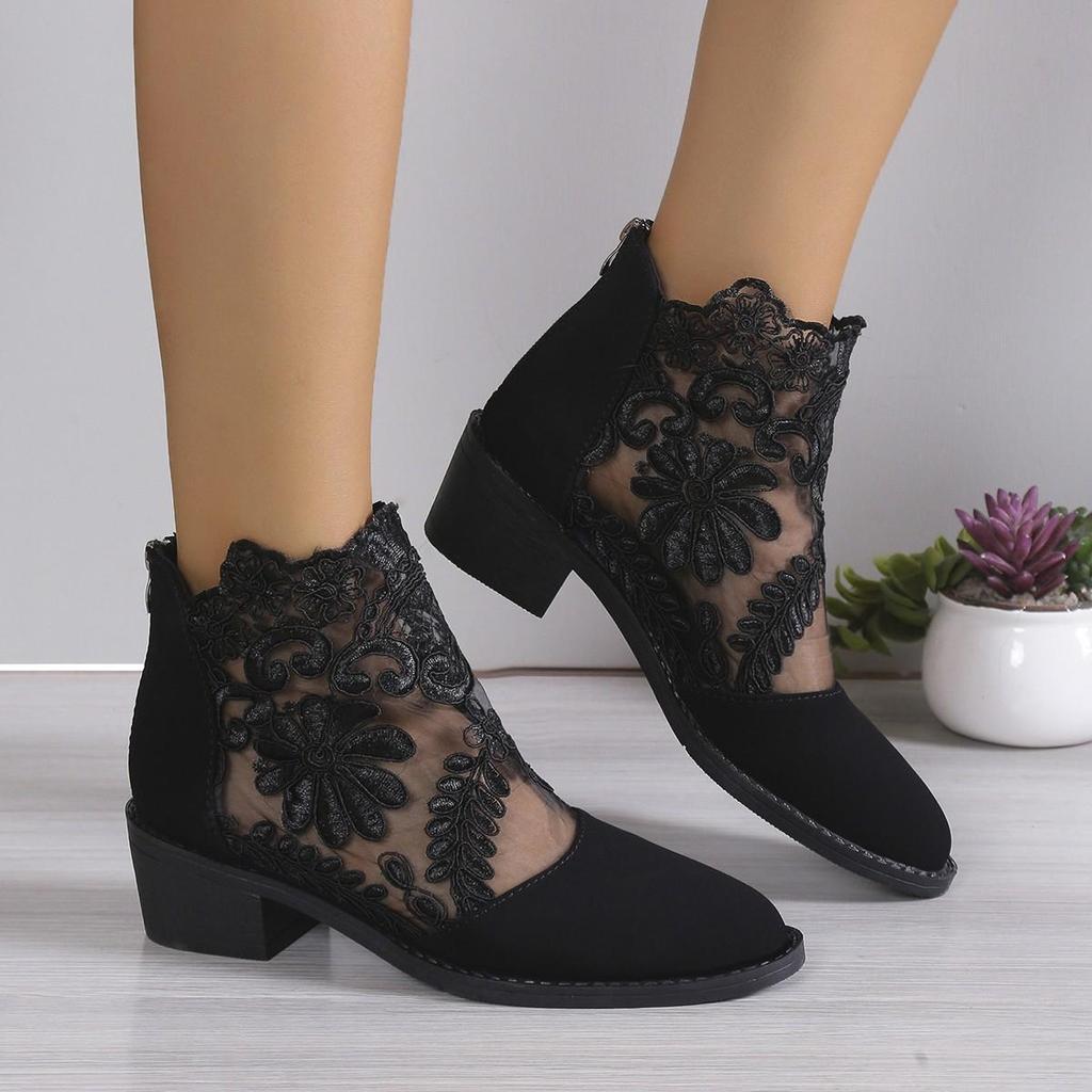 Women Back Zip Ankle Boots Pointed Toe Square Heel Flower Lace Fashion Office Dress Shoes