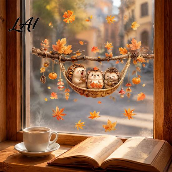 Autumn Window Clings 2Pcs Fall Maple Leaves Animals Static Stickers Squirrel/Hedgehog/Rabbit/Raccoon Glass Home Ornament PVC Waterproof for