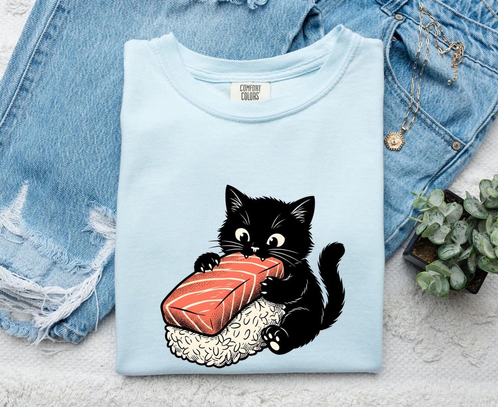 Dark Cat Sushi Shirt Cat Dish Gift Women Playful Tee Sushi T-Shirt Cat Fan Cartoon Tshirt Food Graphic Hand Drawn Sushi Fish Tshirt S