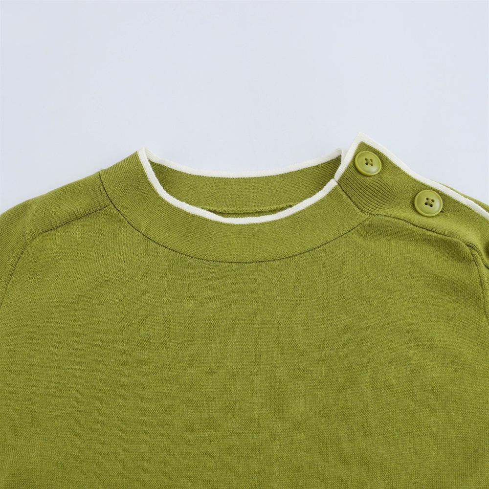 2025 Spring Women's Round Neck Knitwear with Button-Decorated Shoulder and Long Sleeves