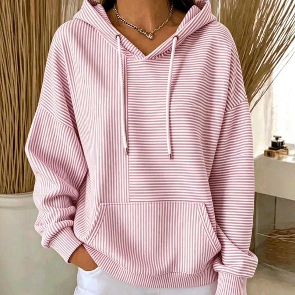Women's V Neck Long Sleeve Striped Hoodie Casual Loose Pullover Sweatshirt for Daily Wear
