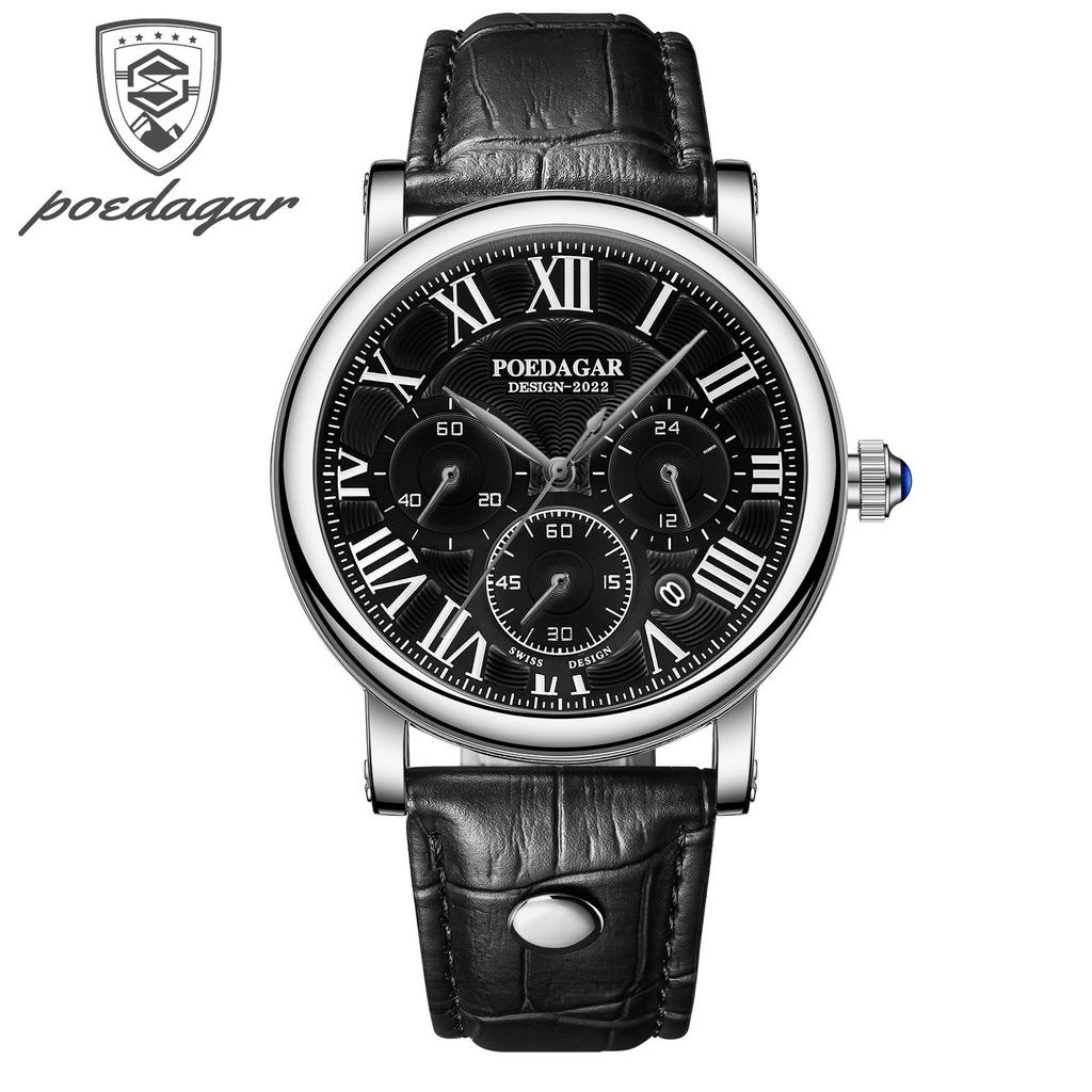 POEDAGAR Men Watch Fashion Chronograph Leather Quartz Watches Waterproof Luminous Sport Sport Wristwatch Six Needle Watch