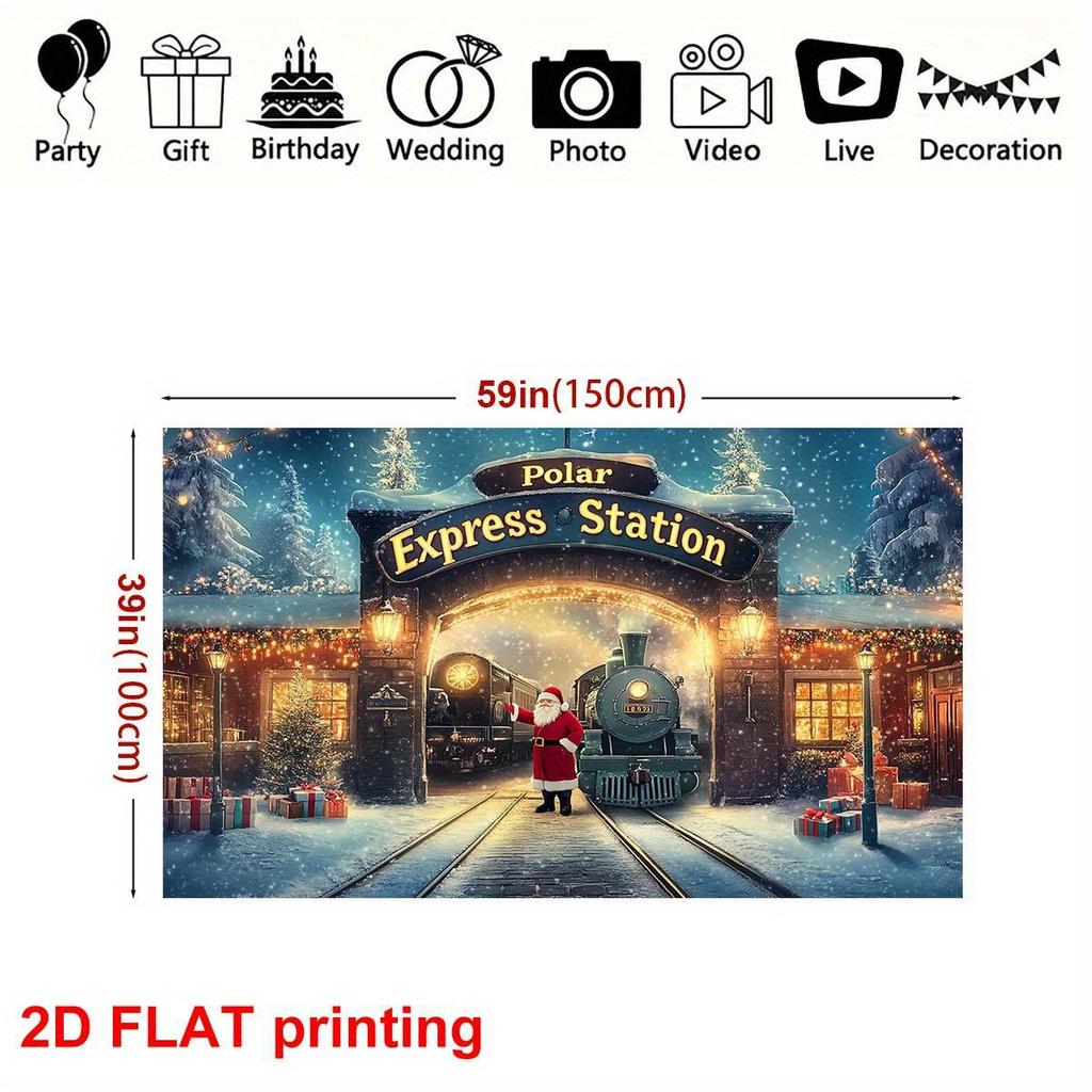 1 Vintage Polar Express Christmas station decoration - Santa Claus Arrival background cloth, snowflake pattern, polyester