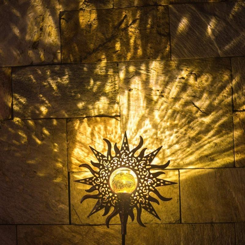 Solar-powered Ironwork Glass Crack Sun Projection Bell Hollow Projection Lamp Waterproof Outdoor Light for Lawn Door Garden Home