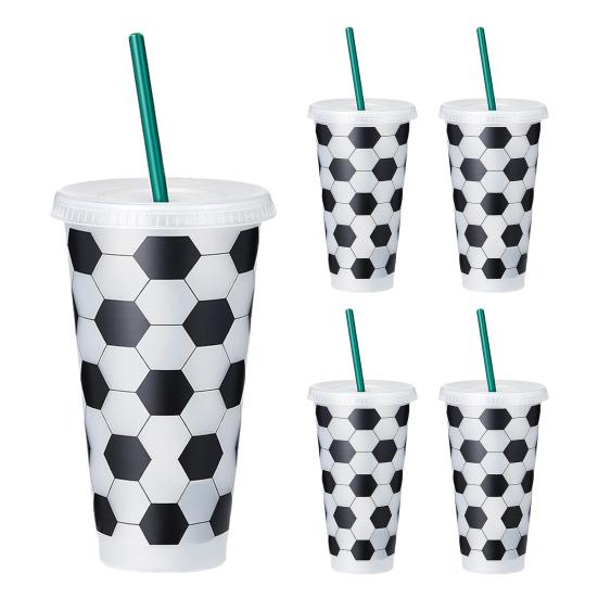 Soccer Plastic Cup with Straw, Football Shaped Cold Drink Tumbler, 710ml Capacity Reusable Soda Cup for Game Day, Fan Party