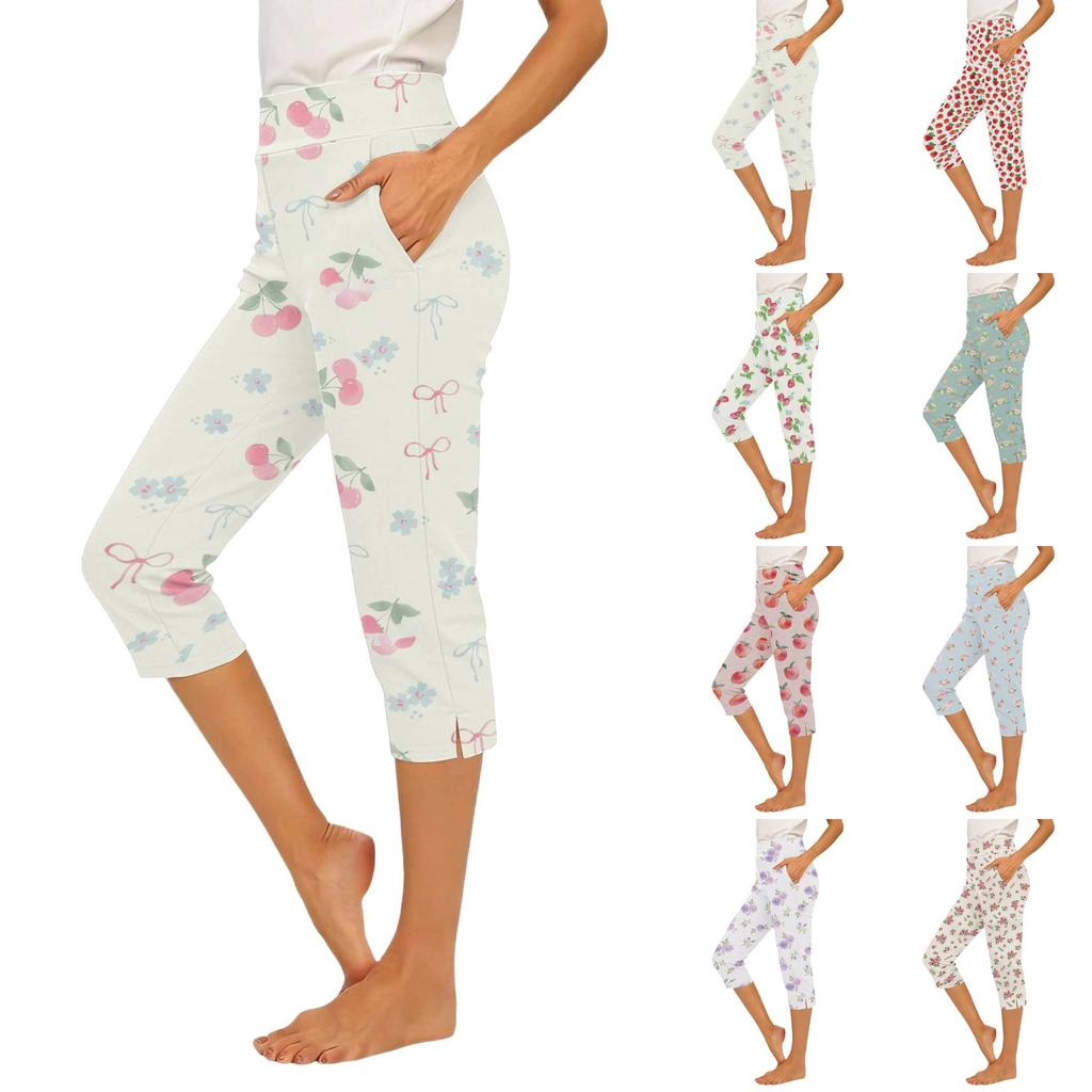 Women Casual Elastic Waist Capri Pants Slim Fit Cropped Trousers with Side Pockets and Leg Slits for Comfortable Daily Wear